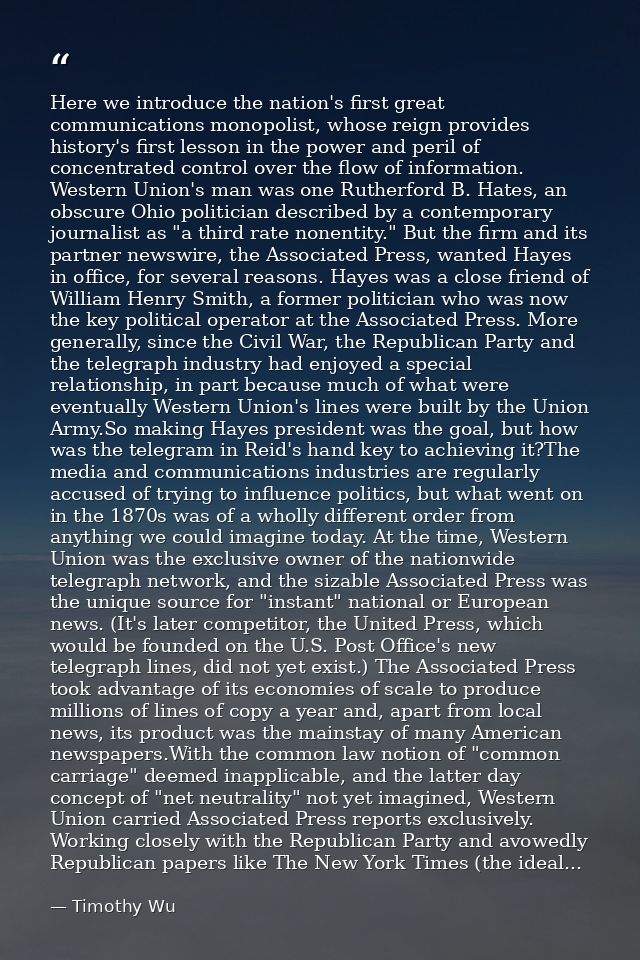 Here we introduce the nation's first great communications monopolist, whose reign provides history's first lesson in the — Timothy Wu