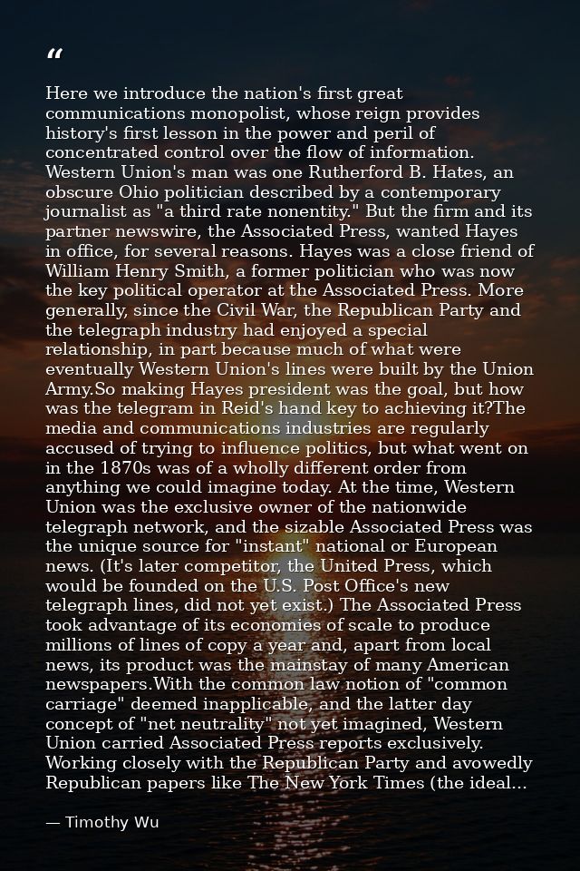 Here we introduce the nation's first great communications monopolist, whose reign provides history's first lesson in the — Timothy Wu