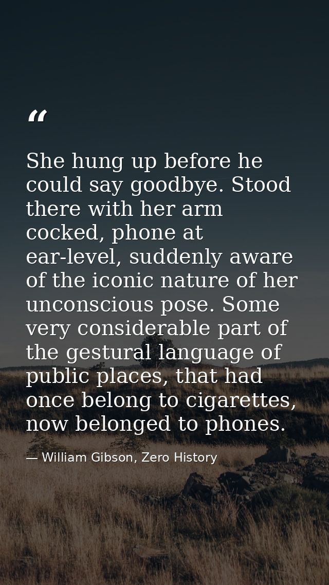 She hung up before he could say goodbye. Stood there with her arm cocked, phone at ear-level, suddenly aware of the icon — William Gibson, Zero History