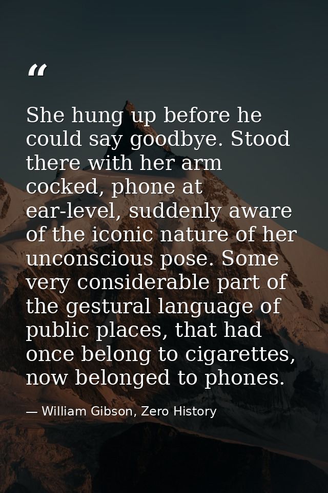 She hung up before he could say goodbye. Stood there with her arm cocked, phone at ear-level, suddenly aware of the icon — William Gibson, Zero History