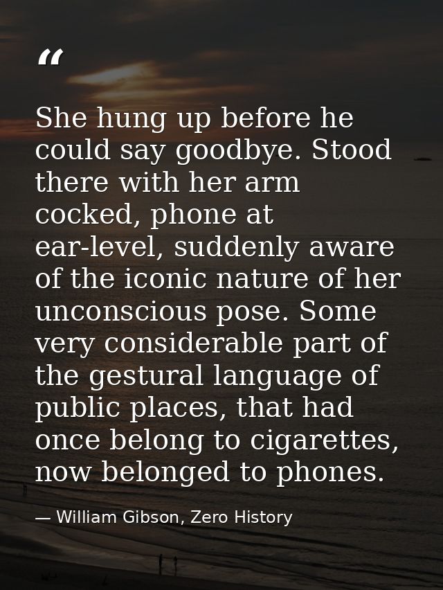 She hung up before he could say goodbye. Stood there with her arm cocked, phone at ear-level, suddenly aware of the icon — William Gibson, Zero History
