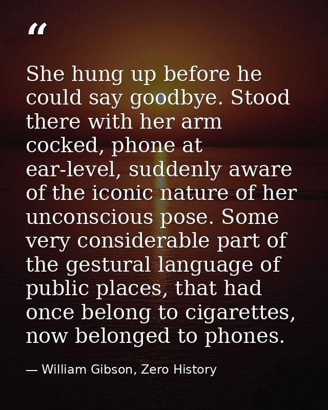 She hung up before he could say goodbye. Stood there with her arm cocked, phone at ear-level, suddenly aware of the icon — William Gibson, Zero History
