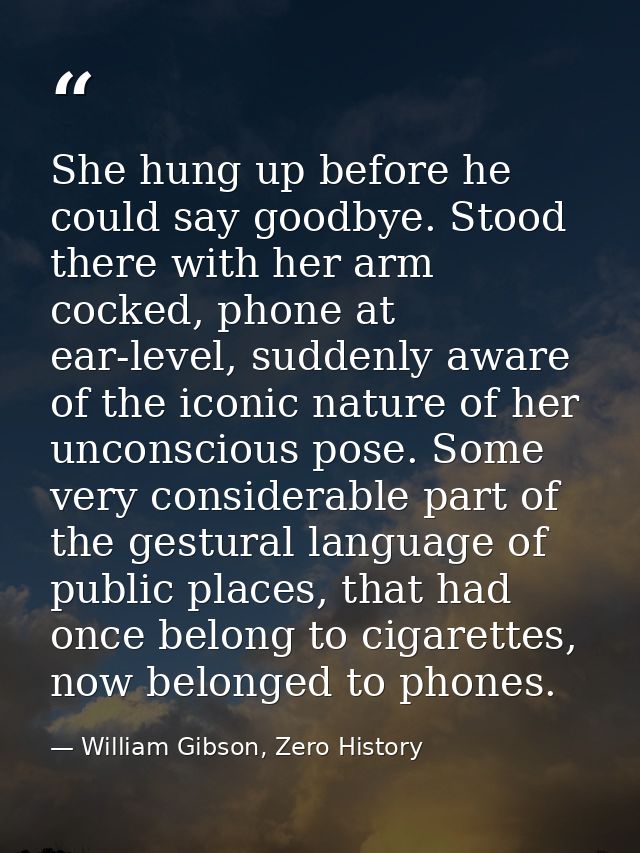 She hung up before he could say goodbye. Stood there with her arm cocked, phone at ear-level, suddenly aware of the icon — William Gibson, Zero History