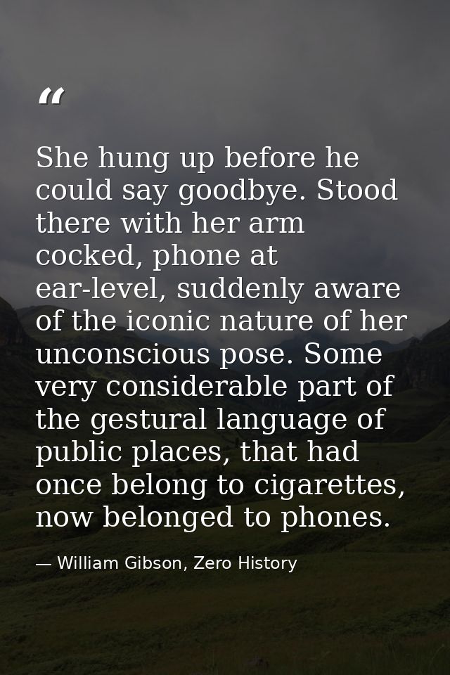 She hung up before he could say goodbye. Stood there with her arm cocked, phone at ear-level, suddenly aware of the icon — William Gibson, Zero History