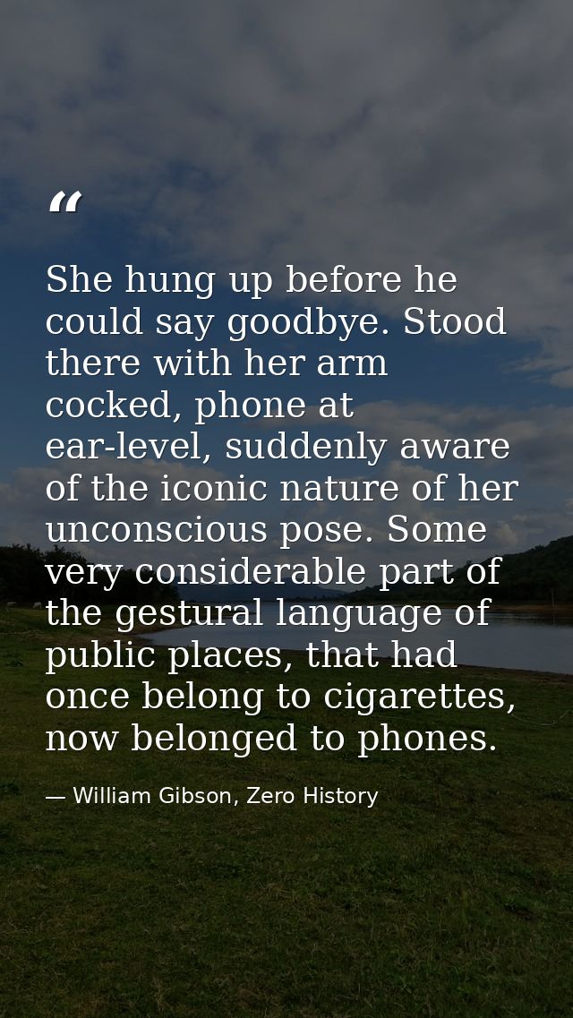She hung up before he could say goodbye. Stood there with her arm cocked, phone at ear-level, suddenly aware of the icon — William Gibson, Zero History