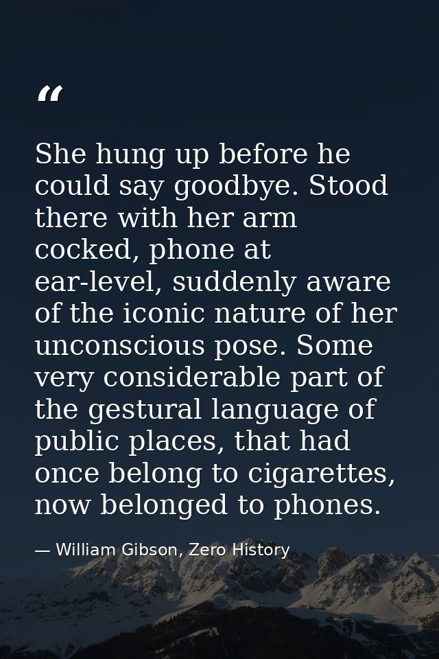 She hung up before he could say goodbye. Stood there with her arm cocked, phone at ear-level, suddenly aware of the icon — William Gibson, Zero History
