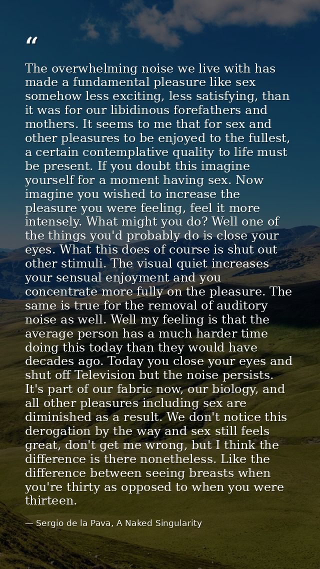 The overwhelming noise we live with has made a fundamental pleasure like sex somehow less exciting, less satisfying, tha — Sergio de la Pava, A Naked Singularity