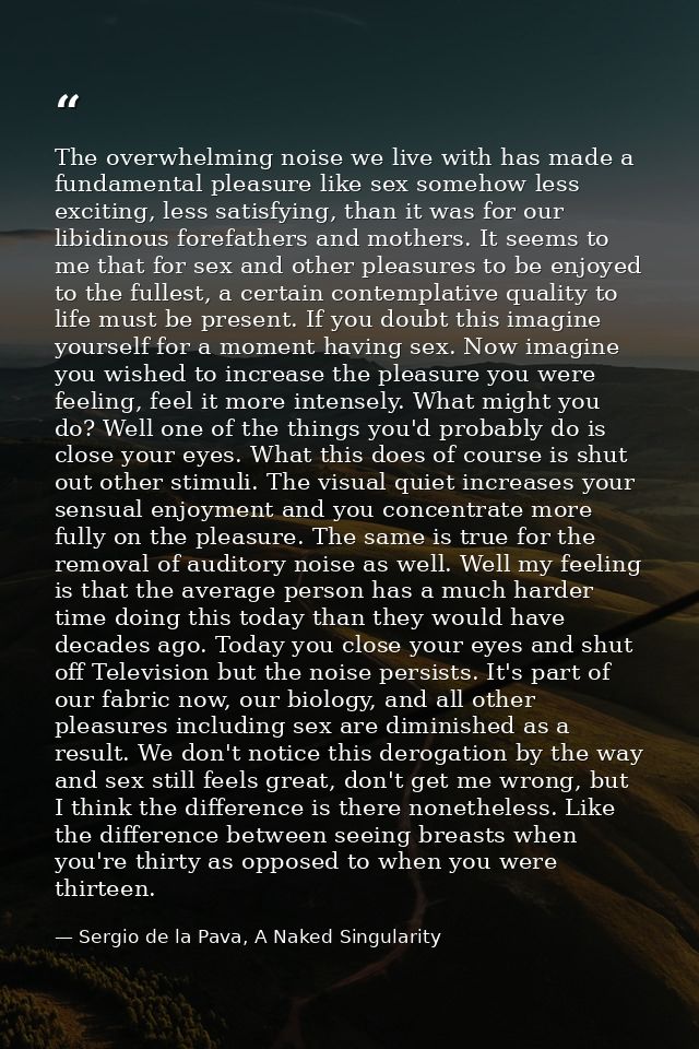 The overwhelming noise we live with has made a fundamental pleasure like sex somehow less exciting, less satisfying, tha — Sergio de la Pava, A Naked Singularity