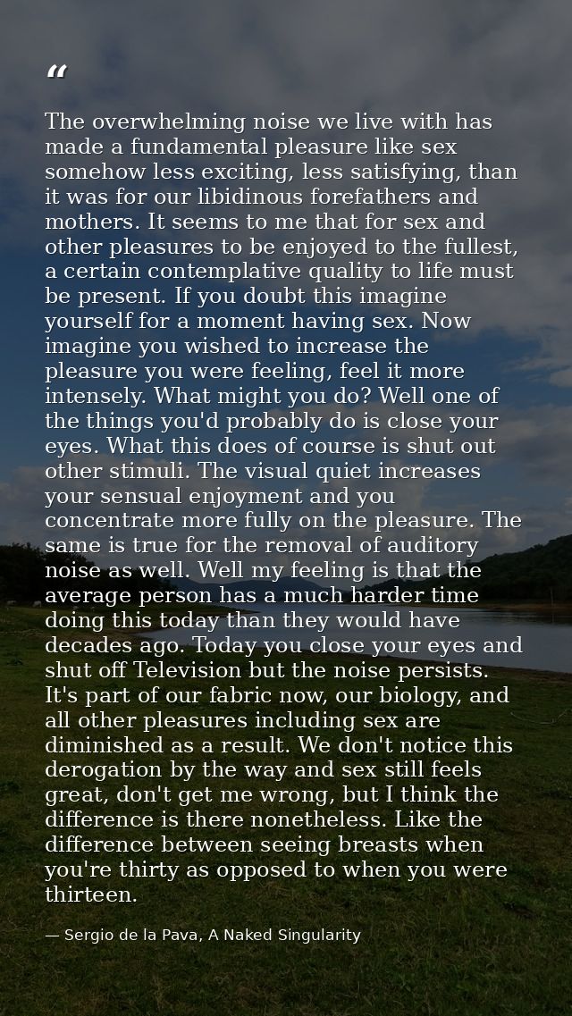 The overwhelming noise we live with has made a fundamental pleasure like sex somehow less exciting, less satisfying, tha — Sergio de la Pava, A Naked Singularity