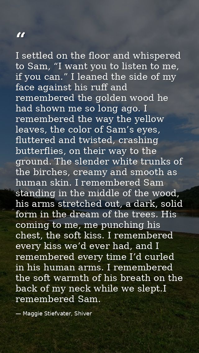 I settled on the floor and whispered to Sam, “I want you to listen to me, if you can.” I leaned the side of my face agai — Maggie Stiefvater, Shiver