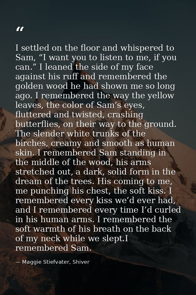 I settled on the floor and whispered to Sam, “I want you to listen to me, if you can.” I leaned the side of my face agai — Maggie Stiefvater, Shiver