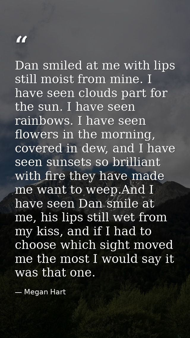 Dan smiled at me with lips still moist from mine. I have seen clouds part for the sun. I have seen rainbows. I have seen — Megan Hart