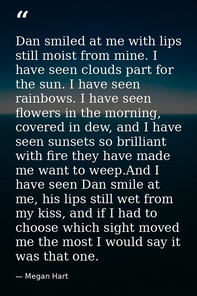 Dan smiled at me with lips still moist from mine. I have seen clouds part for the sun. I have seen rainbows. I have seen — Megan Hart