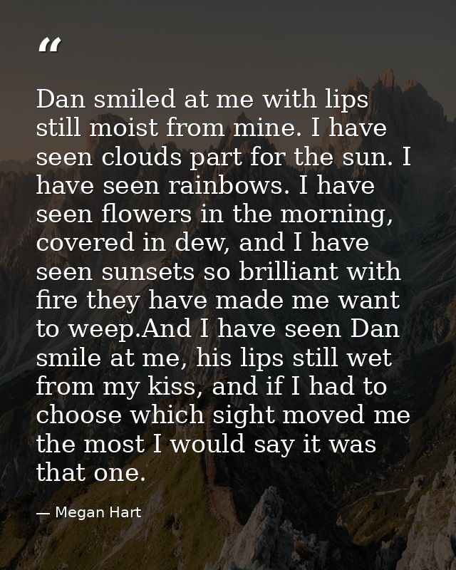 Dan smiled at me with lips still moist from mine. I have seen clouds part for the sun. I have seen rainbows. I have seen — Megan Hart