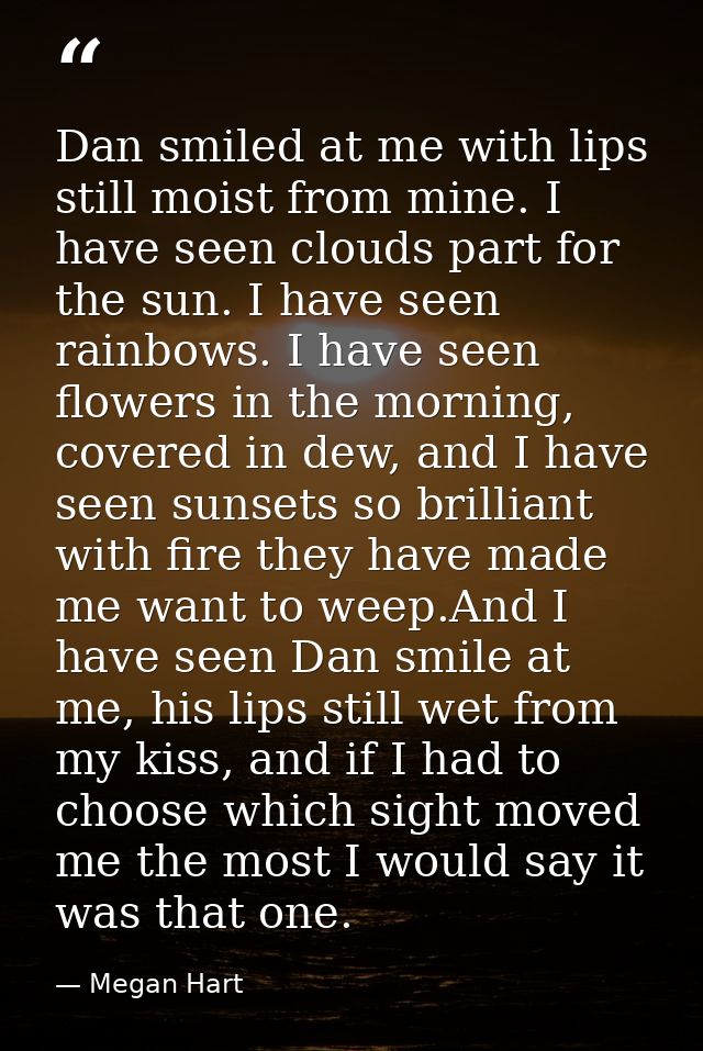 Dan smiled at me with lips still moist from mine. I have seen clouds part for the sun. I have seen rainbows. I have seen — Megan Hart
