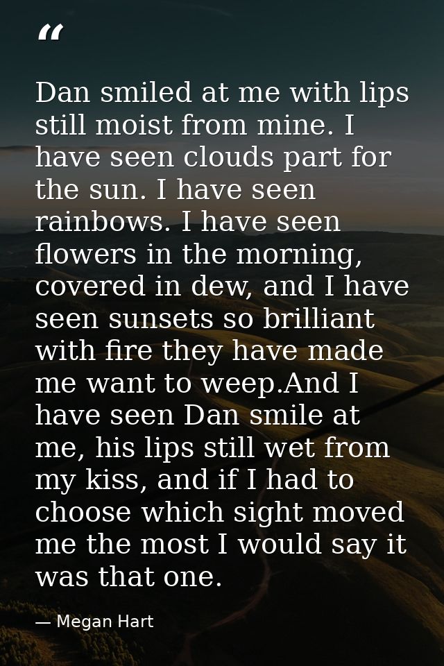 Dan smiled at me with lips still moist from mine. I have seen clouds part for the sun. I have seen rainbows. I have seen — Megan Hart