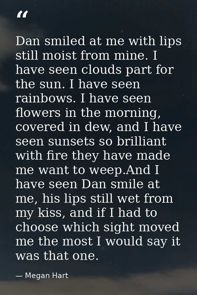 Dan smiled at me with lips still moist from mine. I have seen clouds part for the sun. I have seen rainbows. I have seen — Megan Hart