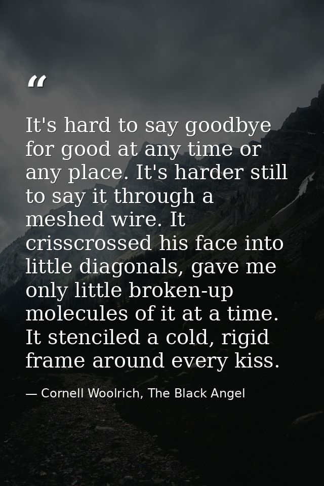 It's hard to say goodbye for good at any time or any place. It's harder still to say it through a meshed wire. It crissc — Cornell Woolrich, The Black Angel