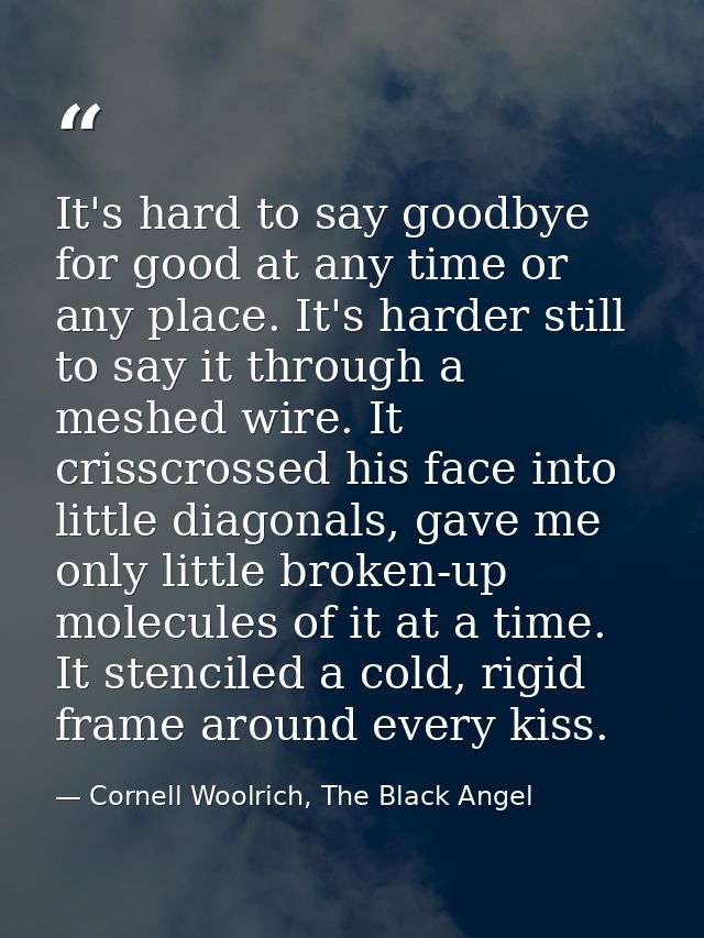 It's hard to say goodbye for good at any time or any place. It's harder still to say it through a meshed wire. It crissc — Cornell Woolrich, The Black Angel