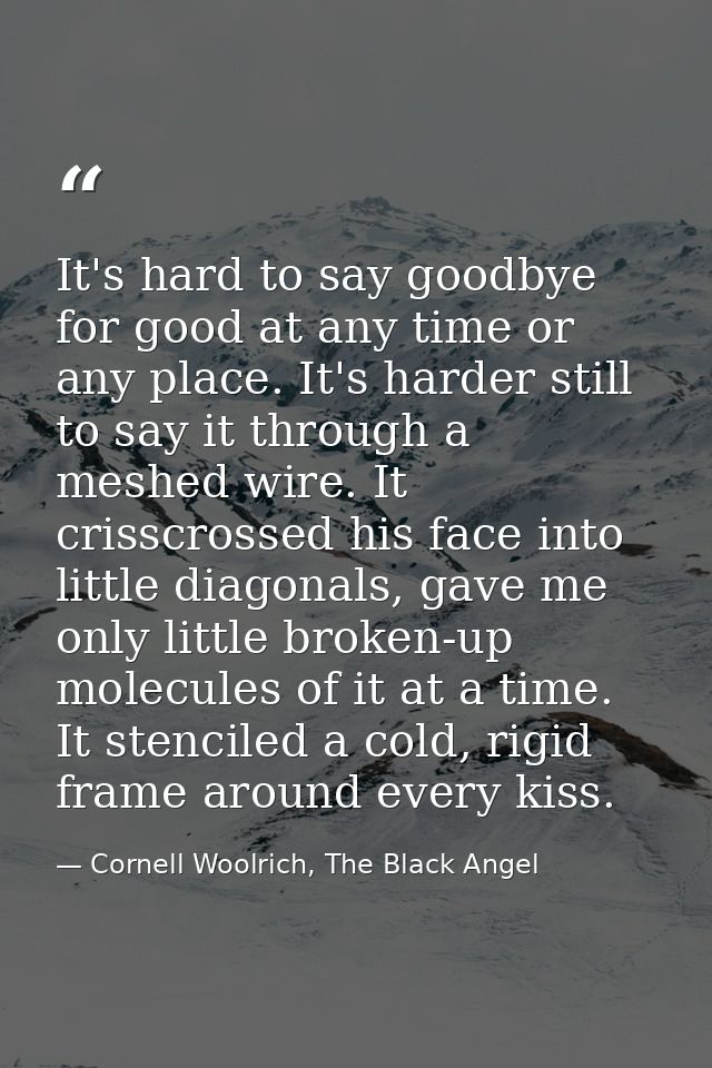 It's hard to say goodbye for good at any time or any place. It's harder still to say it through a meshed wire. It crissc — Cornell Woolrich, The Black Angel
