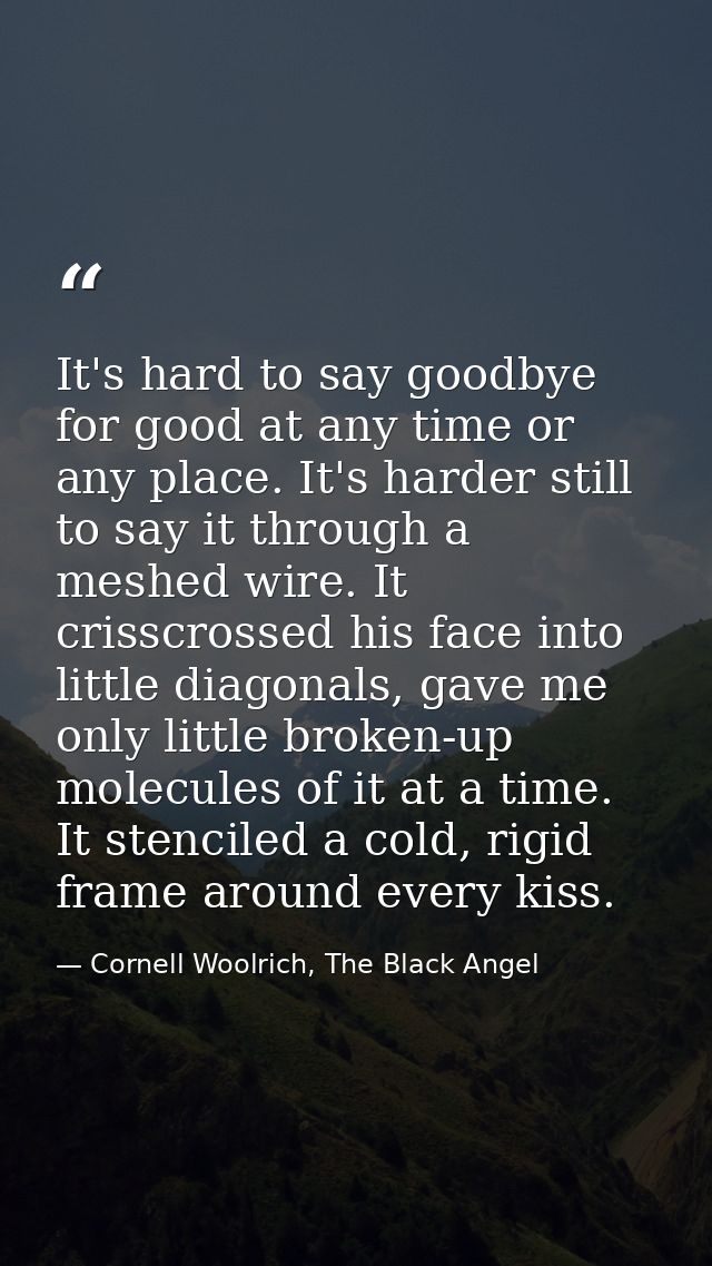It's hard to say goodbye for good at any time or any place. It's harder still to say it through a meshed wire. It crissc — Cornell Woolrich, The Black Angel