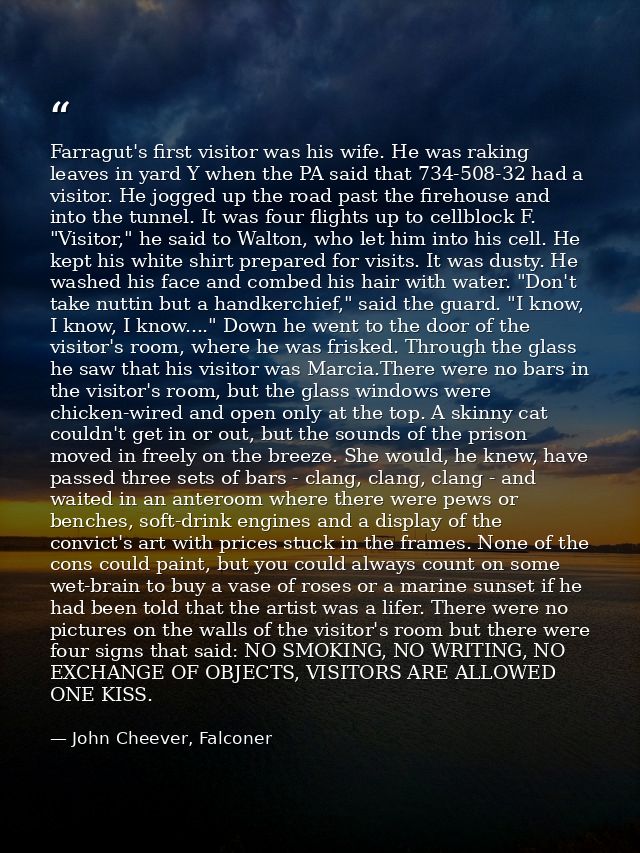 Farragut's first visitor was his wife. He was raking leaves in yard Y when the PA said that 734-508-32 had a visitor. He — John Cheever, Falconer