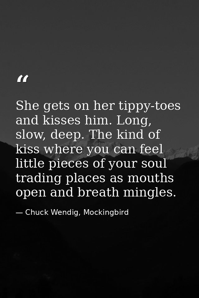 She gets on her tippy-toes and kisses him. Long, slow, deep. The kind of kiss where you can feel little pieces of your s — Chuck Wendig, Mockingbird