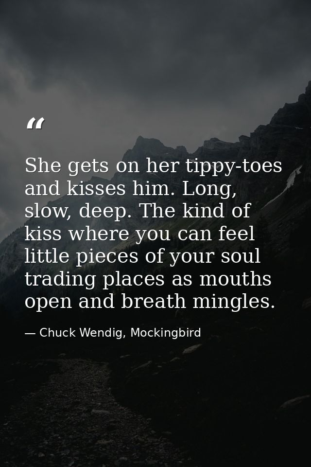 She gets on her tippy-toes and kisses him. Long, slow, deep. The kind of kiss where you can feel little pieces of your s — Chuck Wendig, Mockingbird