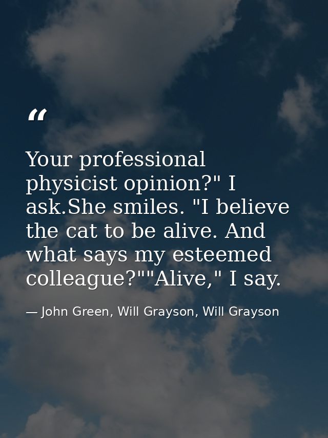 Your professional physicist opinion?" I ask.She smiles. "I believe the cat to be alive. And what says my esteemed collea — John Green, Will Grayson, Will Grayson