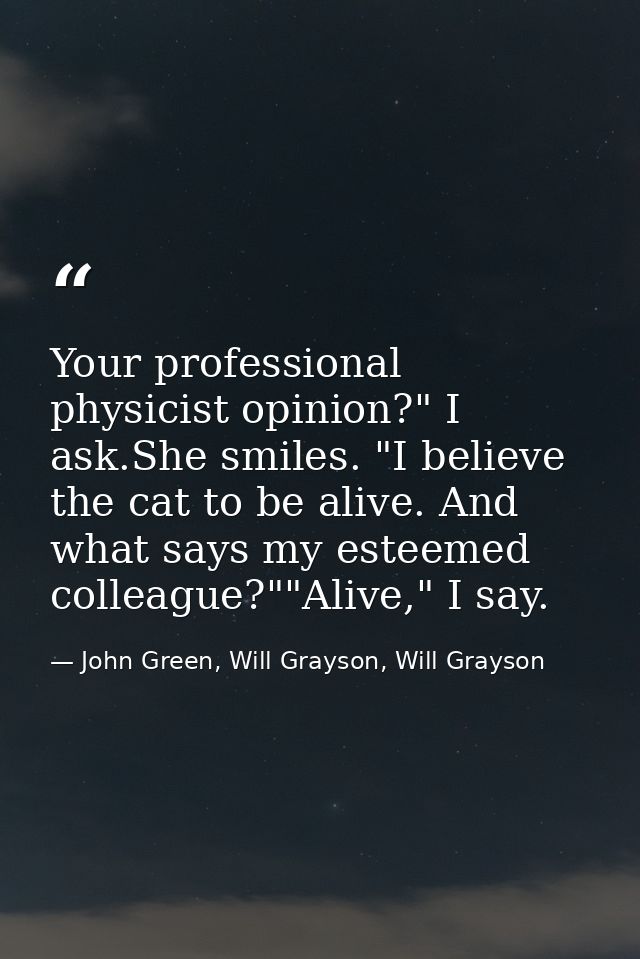 Your professional physicist opinion?" I ask.She smiles. "I believe the cat to be alive. And what says my esteemed collea — John Green, Will Grayson, Will Grayson