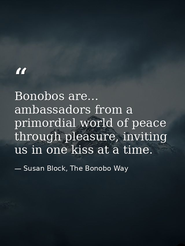 Bonobos are... ambassadors from a primordial world of peace through pleasure, inviting us in one kiss at a time. — Susan Block, The Bonobo Way