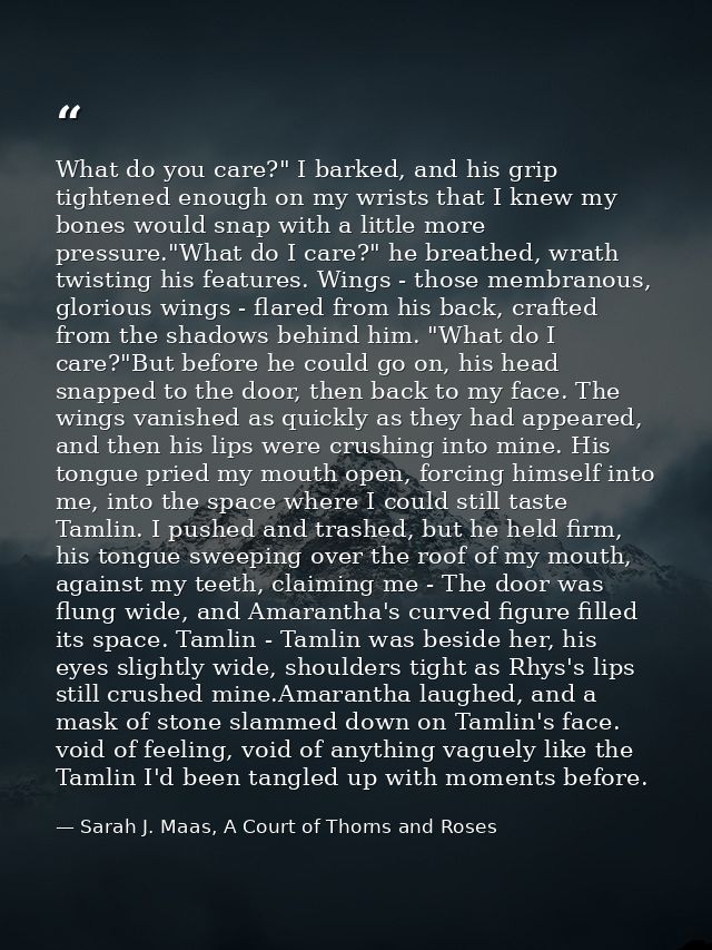 What do you care?" I barked, and his grip tightened enough on my wrists that I knew my bones would snap with a little mo — Sarah J. Maas, A Court of Thorns and Roses