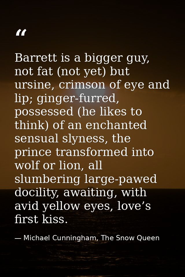 Barrett is a bigger guy, not fat (not yet) but ursine, crimson of eye and lip; ginger-furred, possessed (he likes to thi — Michael Cunningham, The Snow Queen