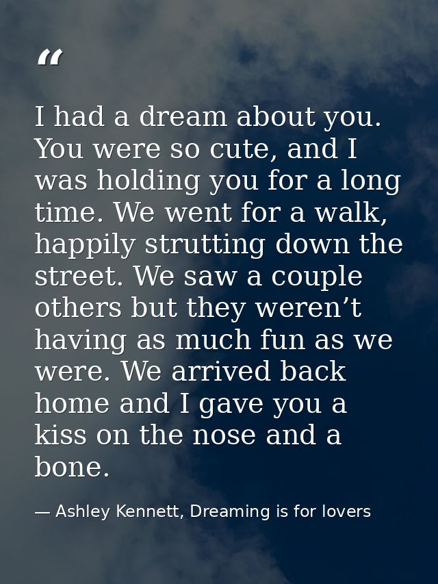 I had a dream about you. You were so cute, and I was holding you for a long time. We went for a walk, happily strutting  — Ashley Kennett, Dreaming is for lovers