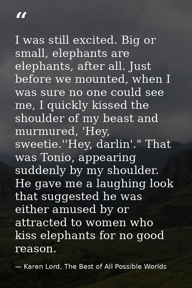 I was still excited. Big or small, elephants are elephants, after all. Just before we mounted, when I was sure no one co — Karen Lord, The Best of All Possible Worlds