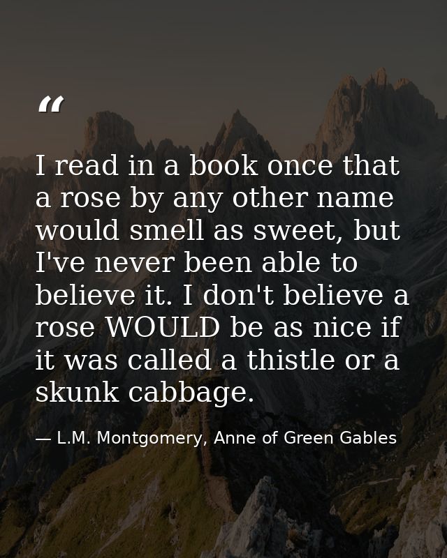 I read in a book once that a rose by any other name would smell as sweet, but I've never been able to believe it. I don' — L.M. Montgomery, Anne of Green Gables