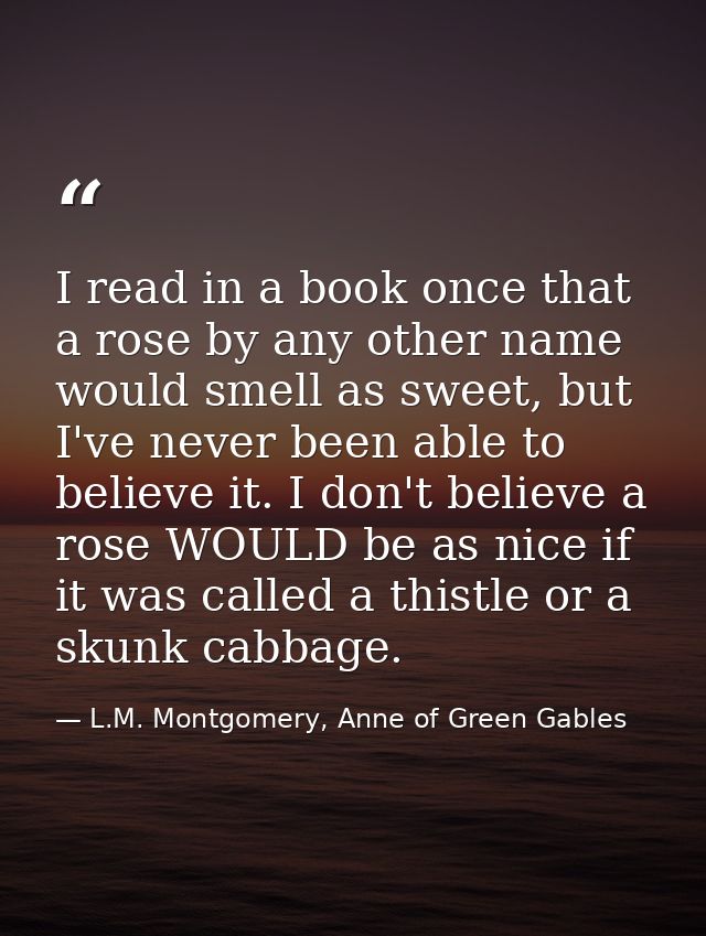 I read in a book once that a rose by any other name would smell as sweet, but I've never been able to believe it. I don' — L.M. Montgomery, Anne of Green Gables