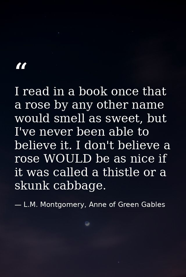 I read in a book once that a rose by any other name would smell as sweet, but I've never been able to believe it. I don' — L.M. Montgomery, Anne of Green Gables