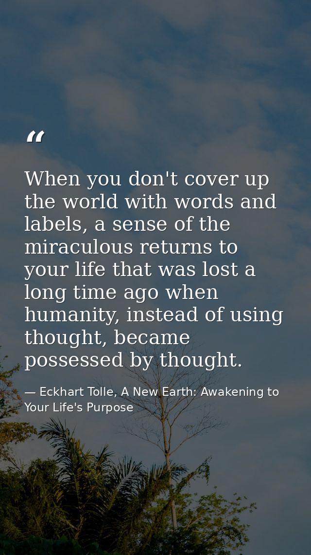 When you don't cover up the world with words and labels, a sense of the miraculous returns to your life that was lost a  — Eckhart Tolle, A New Earth: Awakening to Your Life's Purpose