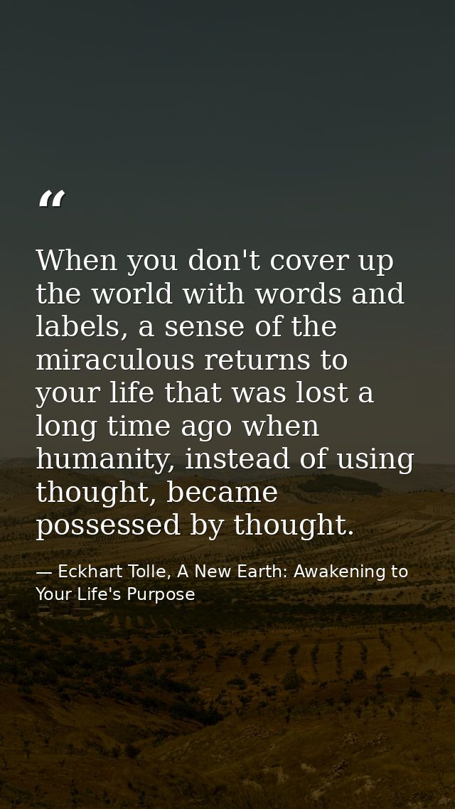 When you don't cover up the world with words and labels, a sense of the miraculous returns to your life that was lost a  — Eckhart Tolle, A New Earth: Awakening to Your Life's Purpose
