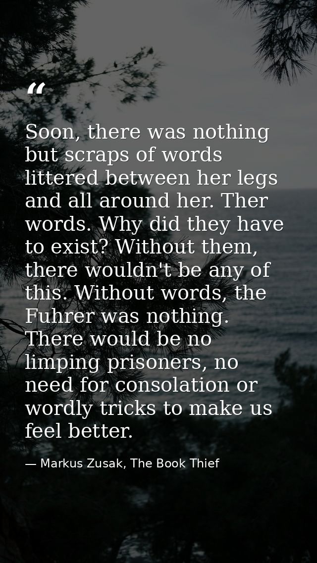 Soon, there was nothing but scraps of words littered between her legs and all around her. Ther words. Why did they have  — Markus Zusak, The Book Thief