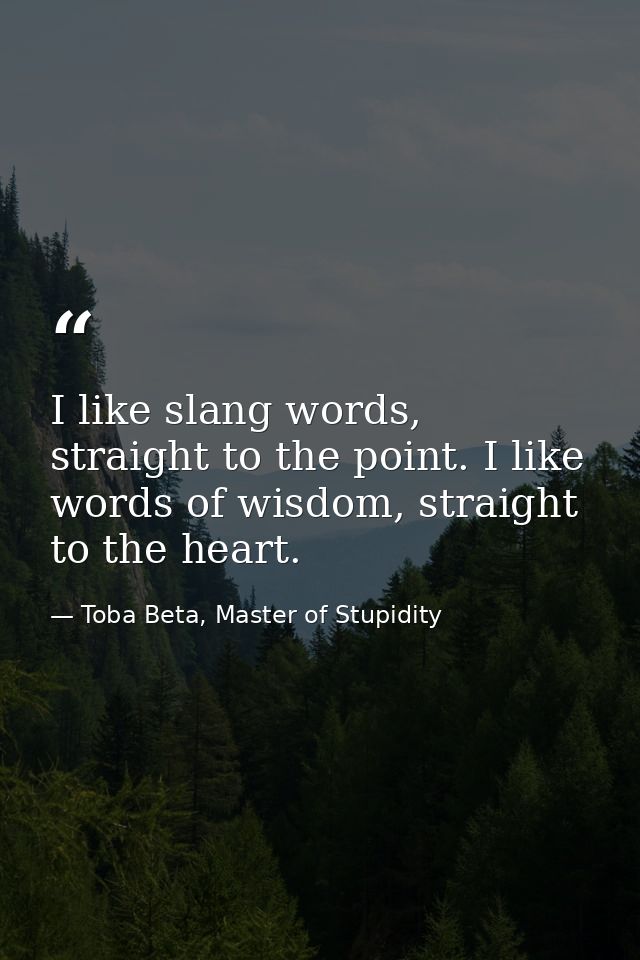 I like slang words, straight to the point. I like words of wisdom, straight to the heart. — Toba Beta, Master of Stupidity