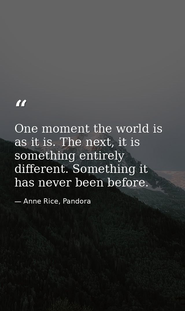 One moment the world is as it is. The next, it is something entirely different. Something it has never been before. — Anne Rice, Pandora