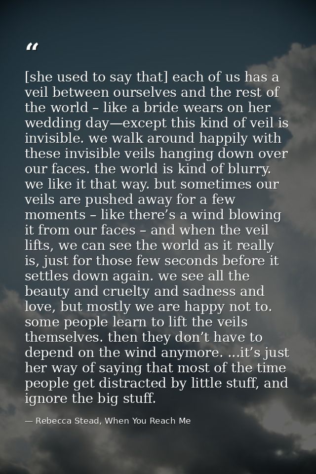 [she used to say that] each of us has a veil between ourselves and the rest of the world – like a bride wears on her wed — Rebecca Stead, When You Reach Me