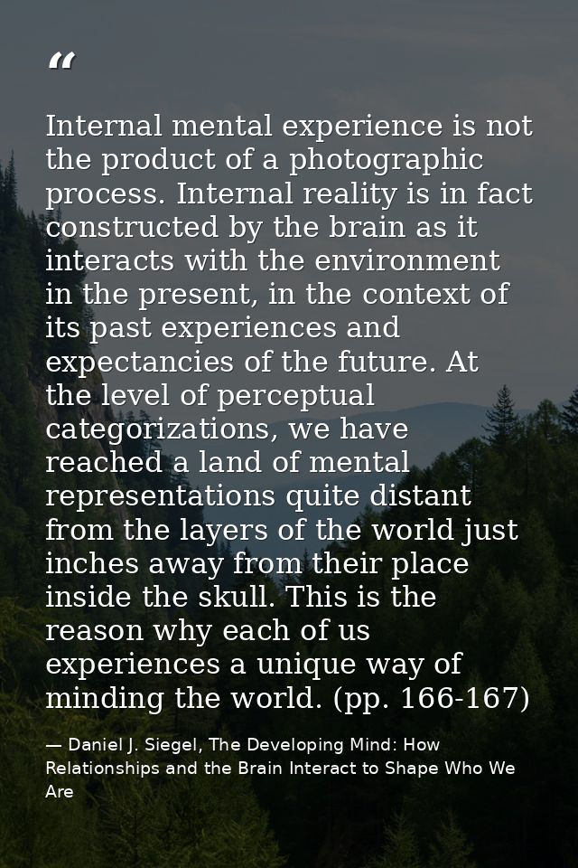 Internal mental experience is not the product of a photographic process. Internal reality is in fact constructed by the  — Daniel J. Siegel, The Developing Mind: How Relationships and the Brain Interact to Shape Who We Are