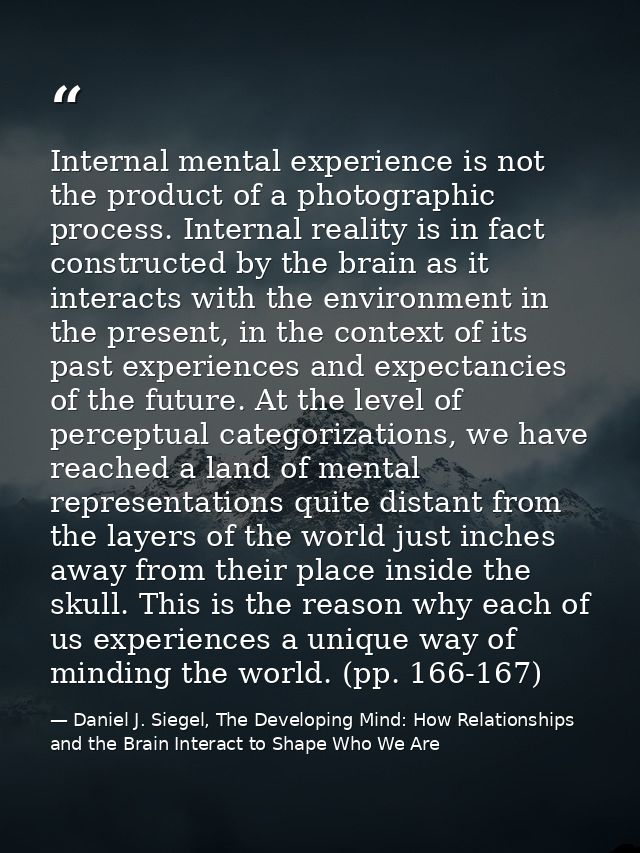 Internal mental experience is not the product of a photographic process. Internal reality is in fact constructed by the  — Daniel J. Siegel, The Developing Mind: How Relationships and the Brain Interact to Shape Who We Are