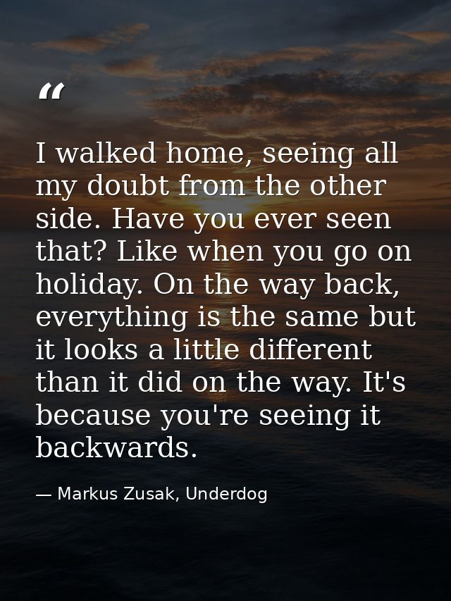 I walked home, seeing all my doubt from the other side. Have you ever seen that? Like when you go on holiday. On the way — Markus Zusak, Underdog