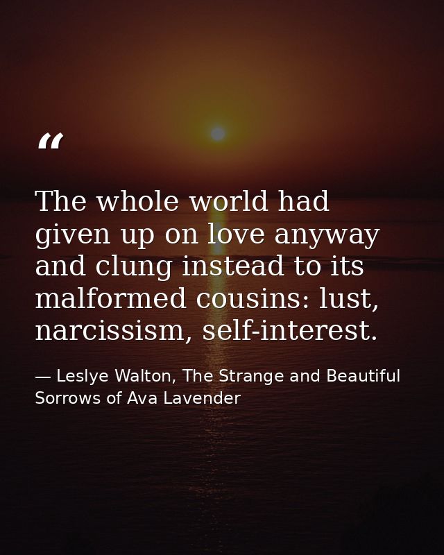 The whole world had given up on love anyway and clung instead to its malformed cousins: lust, narcissism, self-interest. — Leslye Walton, The Strange and Beautiful Sorrows of Ava Lavender