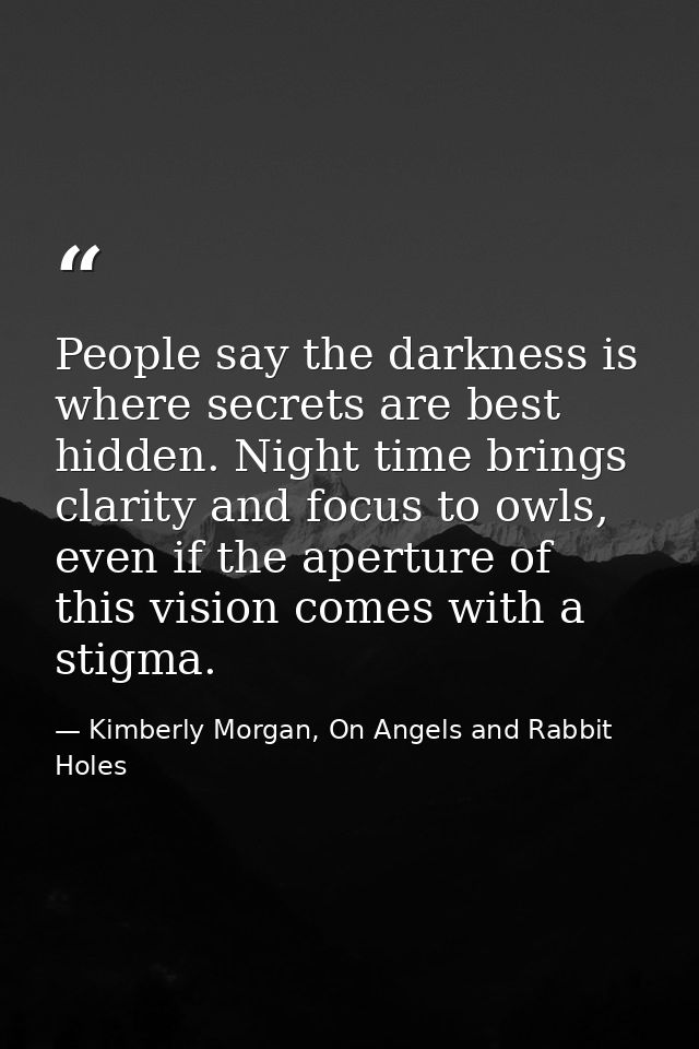 People say the darkness is where secrets are best hidden. Night time brings clarity and focus to owls, even if the apert — Kimberly Morgan, On Angels and Rabbit Holes