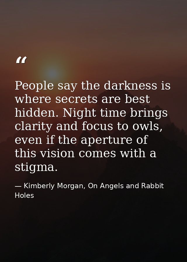 People say the darkness is where secrets are best hidden. Night time brings clarity and focus to owls, even if the apert — Kimberly Morgan, On Angels and Rabbit Holes